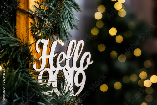 Hello 2019! New Year and Christmas 2019! The inscription Hello 2019 on the Christmas tree in the festive lights. © farmuty