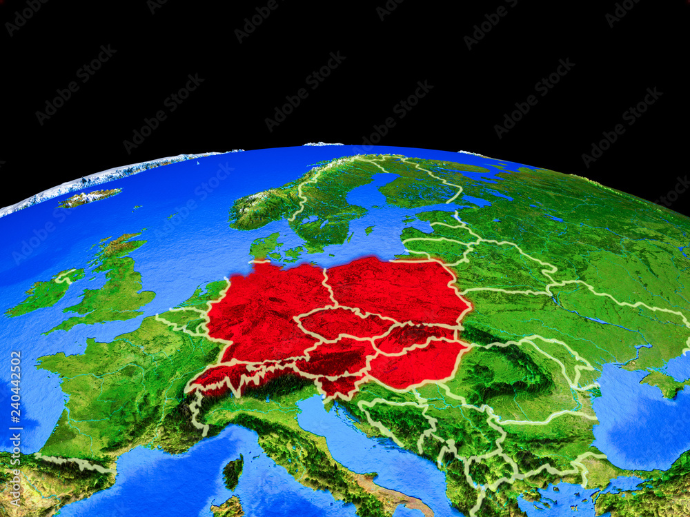Central Europe on model of planet Earth with country borders and very detailed planet surface.