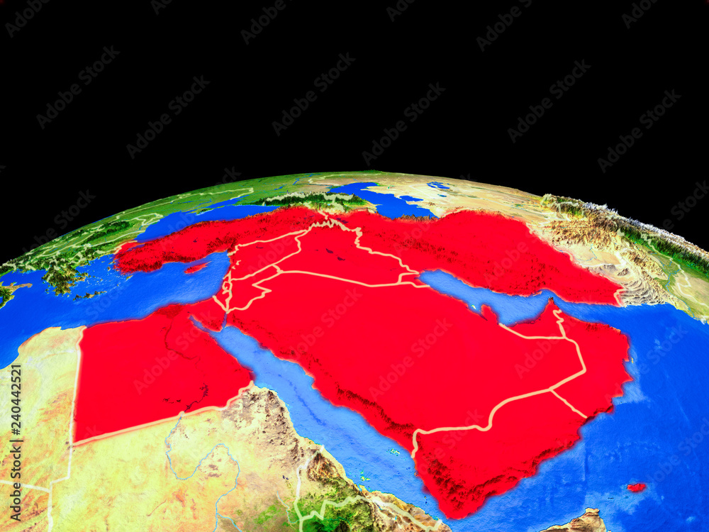 Middle East on model of planet Earth with country borders and very detailed planet surface.