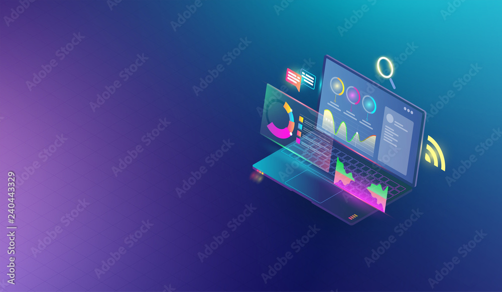 Financial analytic and business infographic elements on screen laptop concept. Isometric set of infographics with data financial graphs or diagrams and information data statistic Vector.