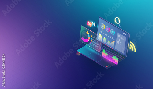 Financial analytic and business infographic elements on screen laptop concept. Isometric set of infographics with data financial graphs or diagrams and information data statistic Vector.