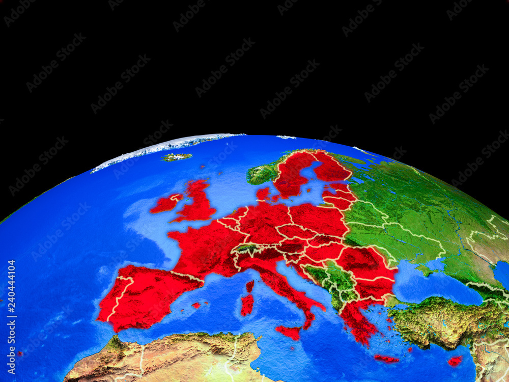 European Union on model of planet Earth with country borders and very detailed planet surface.