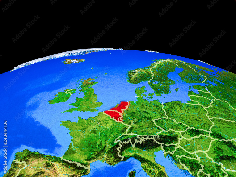 Benelux Union on model of planet Earth with country borders and very detailed planet surface.