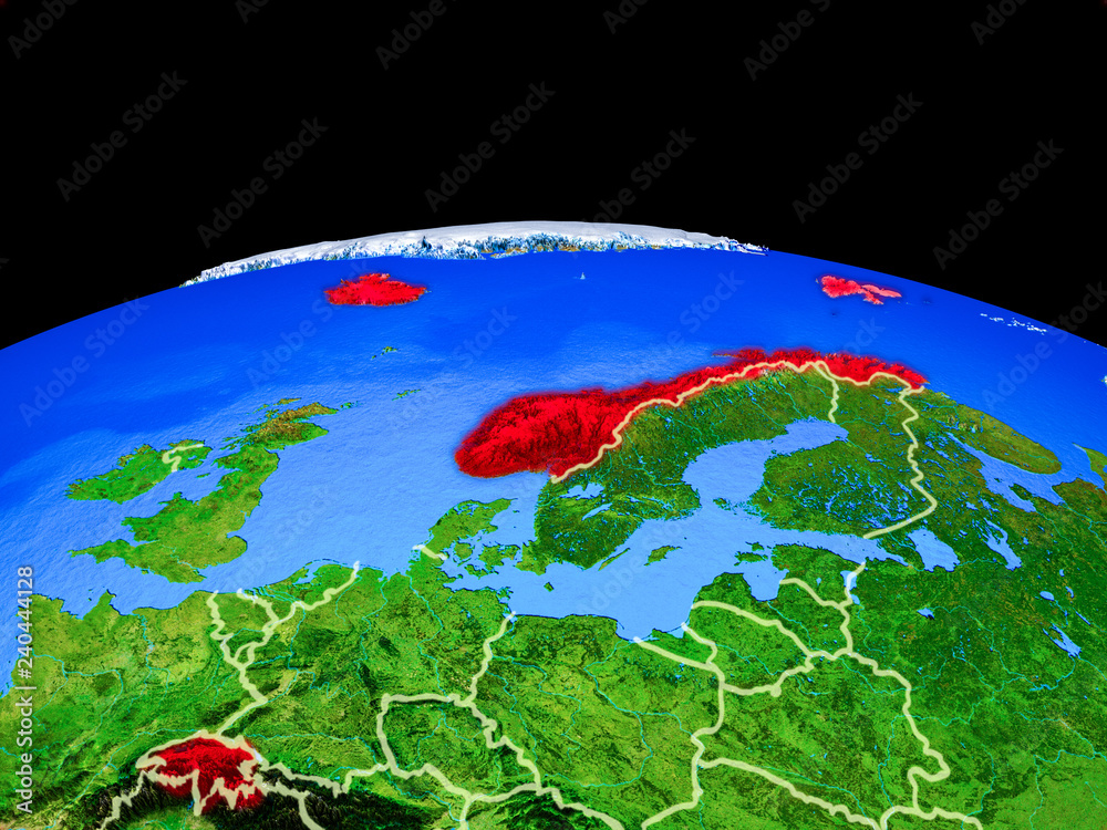 EFTA countries on model of planet Earth with country borders and very detailed planet surface.