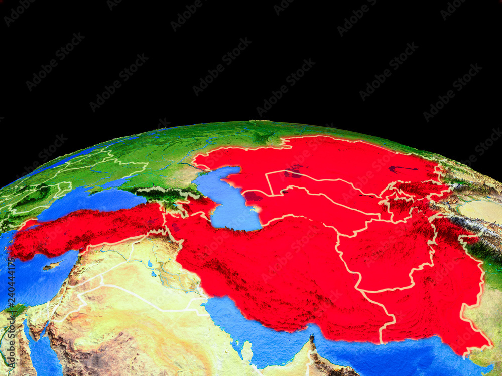 ECO member states on model of planet Earth with country borders and very detailed planet surface.