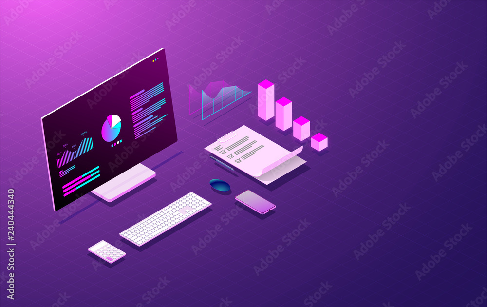 business analysis system on computer laptop and graph screen, web development and coding vector.