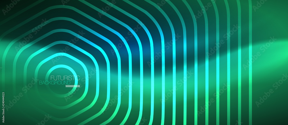 Neon glowing lines, magic energy space blue light concept, abstract background wallpaper design