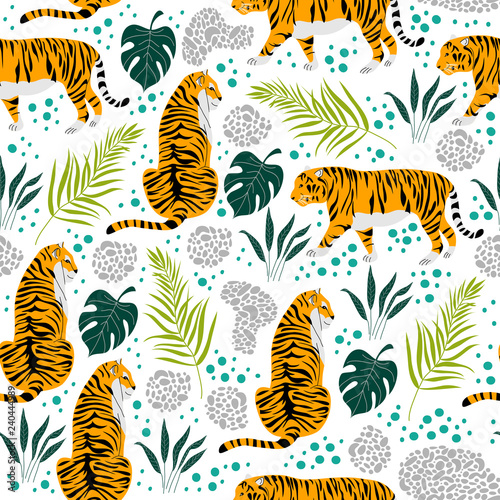 Fototapeta Naklejka Na Ścianę i Meble -  Seamless pattern with tigers and tropical leaves. Trendy style. Vector