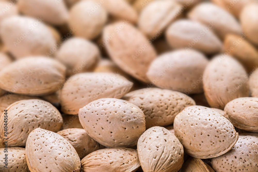 Almonds in a shell blurred background, copy space, close-up, top view Almonds in a shell blurred background, copy space, close-up, top view