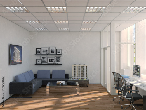 Side view of contemporary conference room with city view and daylight. 3D Rendering
