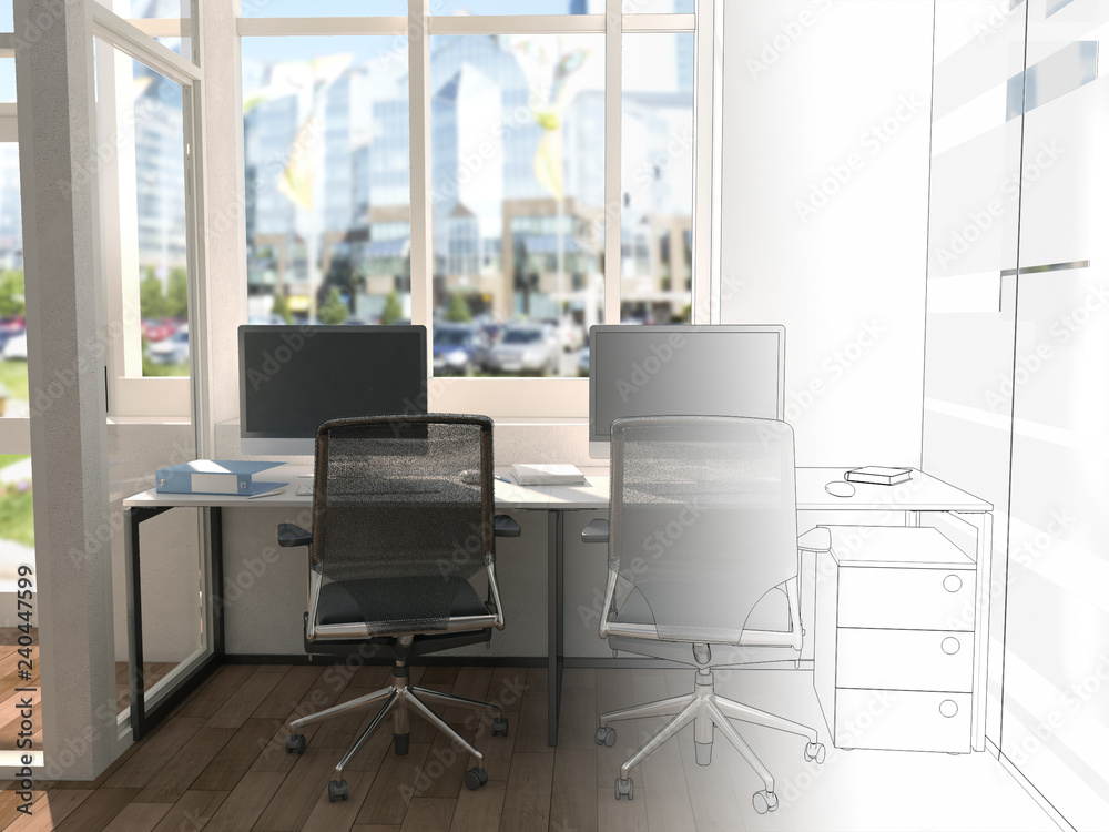 The office space is divided into two parts by an imaginary line. On the one hand a beautiful bright interior, on the other completely white. 3d rendering mock up