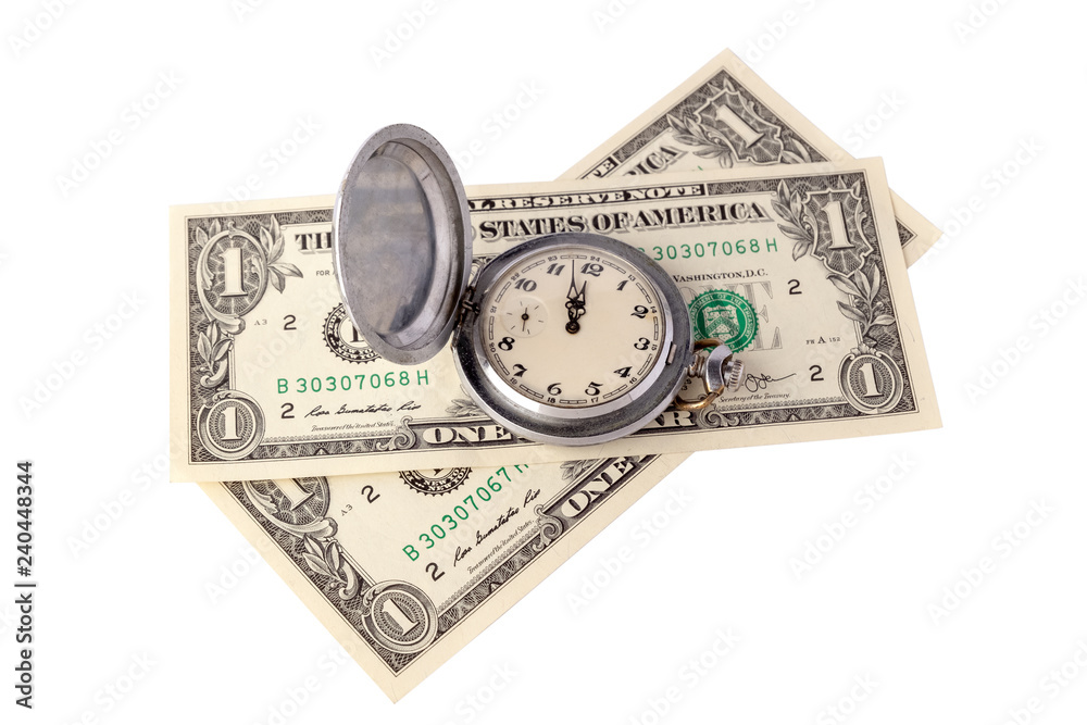 Concept time is money. Two dollars and a retro pocket watch showing two minutes to noon or midnight. Isolate Concept time is money. Two dollars and a retro pocket watch showing two minutes to noon or midnight. Isolate