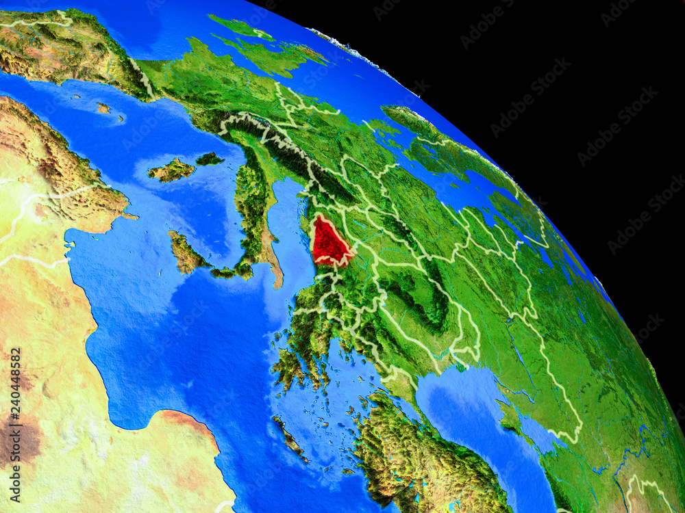 Bosnia and Herzegovina on planet Earth from space with country borders. Very fine detail of planet surface.