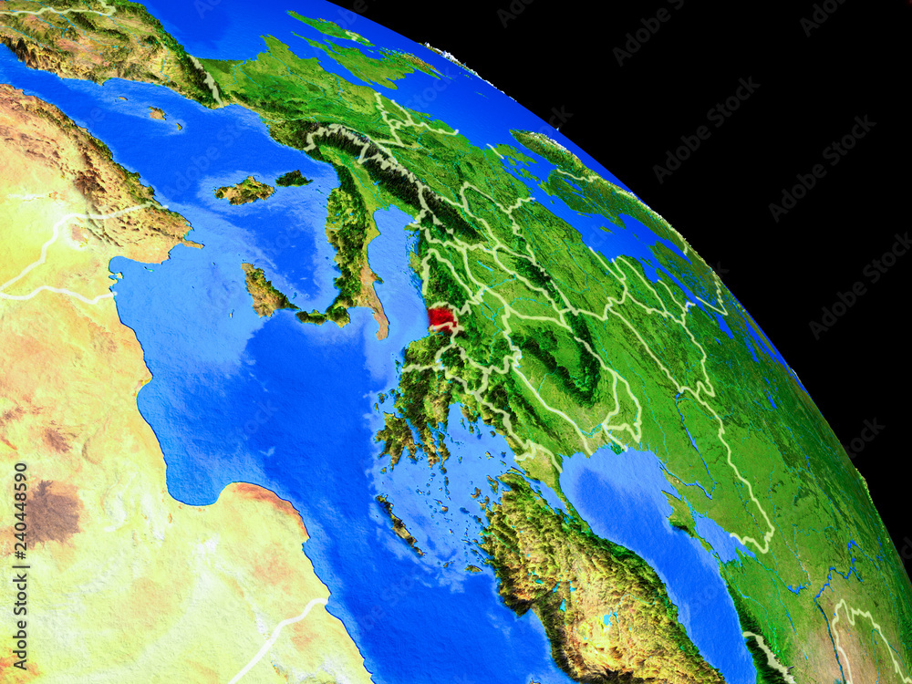 Montenegro on planet Earth from space with country borders. Very fine detail of planet surface.