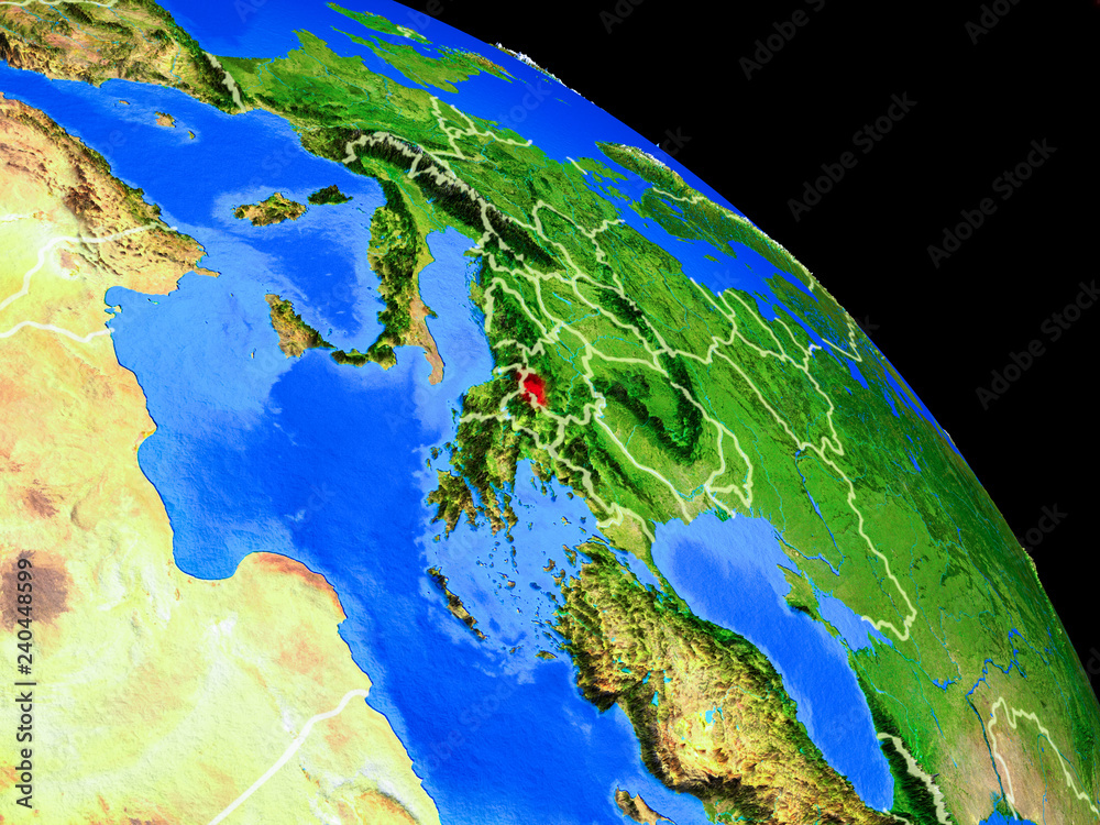Kosovo on planet Earth from space with country borders. Very fine detail of planet surface.
