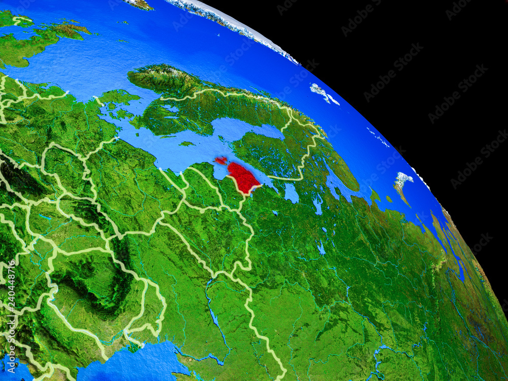 Estonia on planet Earth from space with country borders. Very fine detail of planet surface.