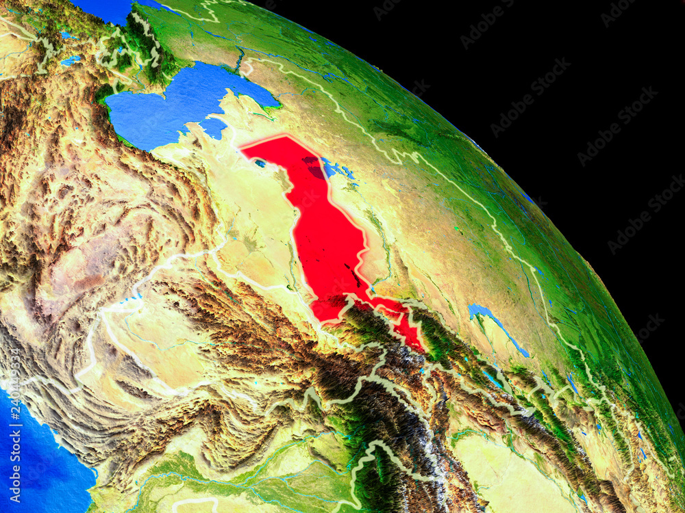 Uzbekistan on planet Earth from space with country borders. Very fine detail of planet surface. Uzbekistan on planet Earth from space with country borders. Very fine detail of planet surface.