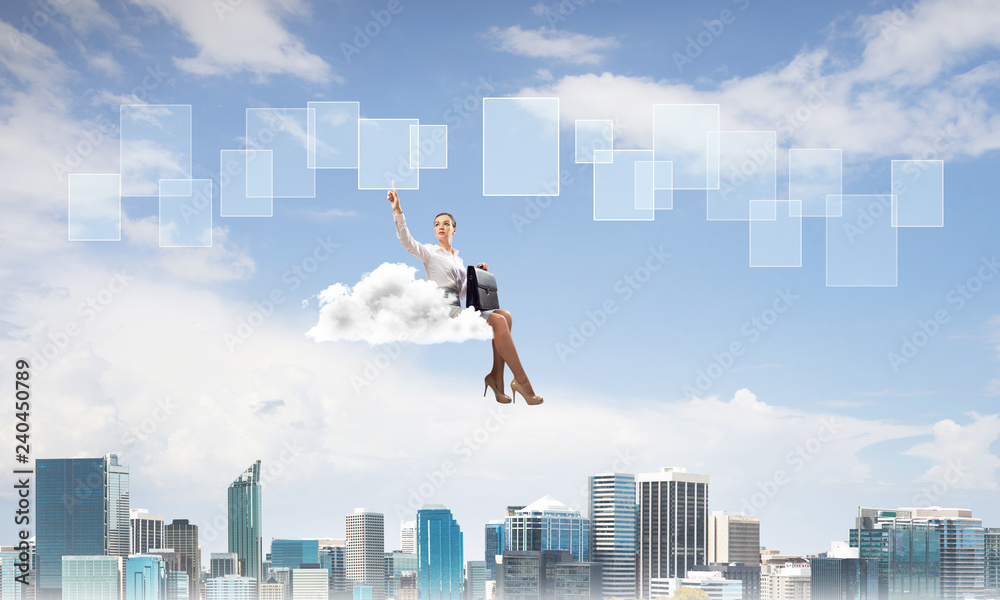 Elegant lady boss or accountant float on cloud and pointing with finger