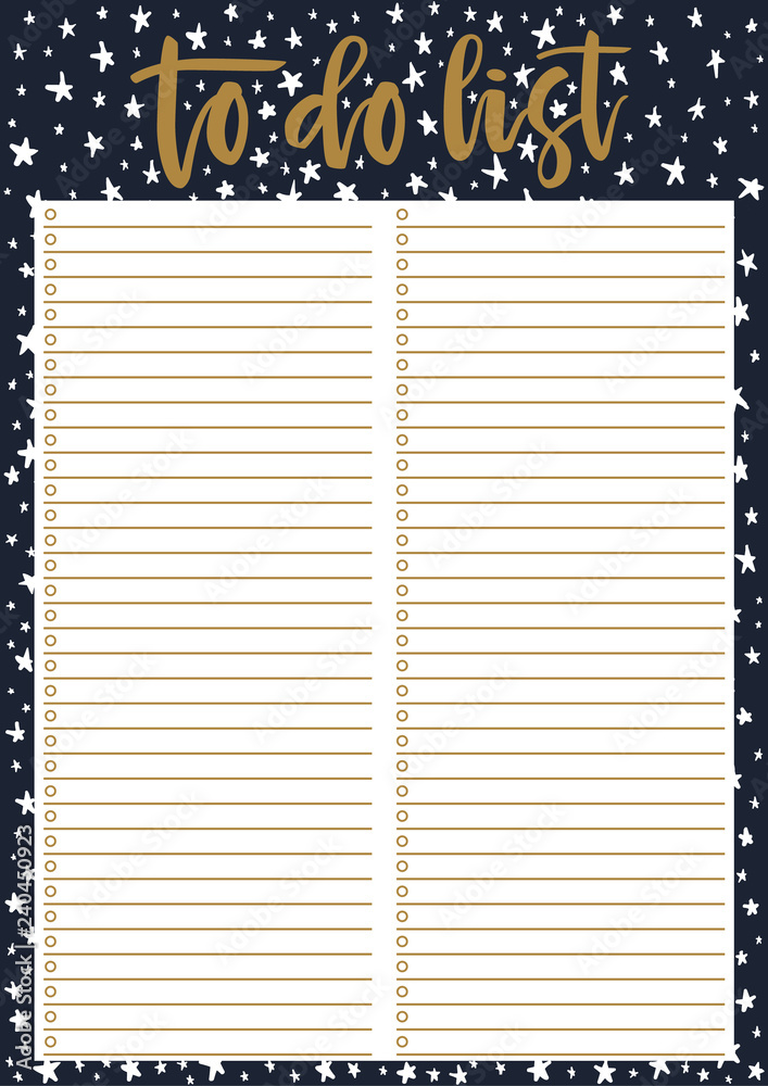 Cute A4 template for To Do List with lettering on decorative dark  background with stars. A4 print ready organizer with lined page and check  boxes. Trendy self-organization concept for 2019 year. Stock-Vektorgrafik