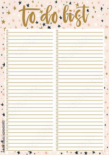 Cute A4 template for To Do List with lettering on decorative pastel background with stars. A4 print ready organizer with lined page and check boxes. Trendy self-organization concept for 2019 year.