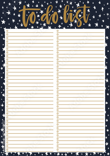 Cute A4 template for To Do List with lettering on decorative dark background with stars. A4 print ready organizer with lined page and check boxes. Trendy self-organization concept for 2019 year.
