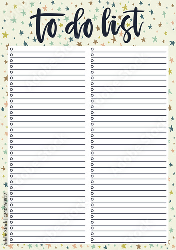 Cute A4 template for To Do List with lettering on decorative pastel background with stars. A4 print ready organizer with lined page and check boxes. Trendy self-organization concept for 2019 year.