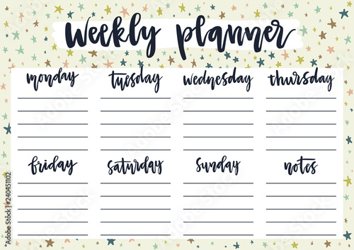 Cute weekly planner for 2019 year on pastel background with stars. A4 print ready template for weekly and daily planner with lettering. Organizer and schedule with notes. Self-organization concept.