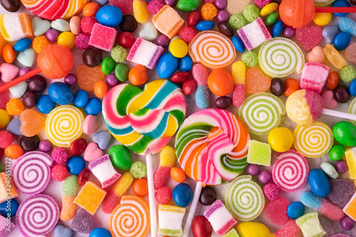 Lollipops candies and sweet sugar jelly multicolored, Colorful sweets Top view and Close up background.