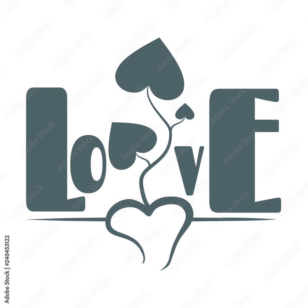 Hearts tree and love word. Background relative to valentines day. Love sticker Hearts tree and love word. Background relative to valentines day. Love sticker