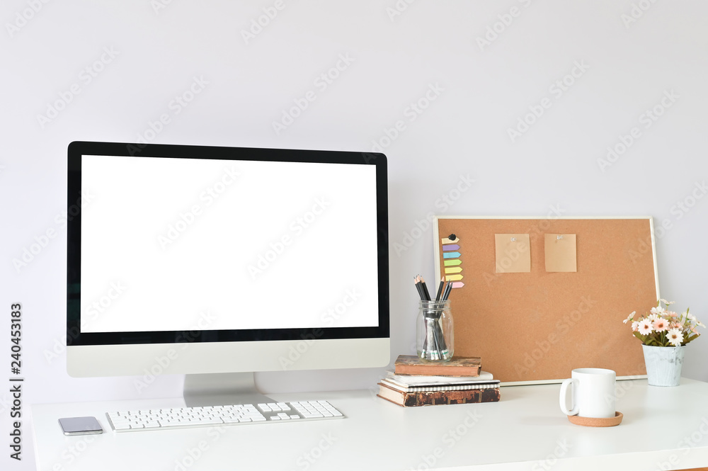 Workspace with Mockup laptop computer on office table and office supplies. Workspace with Mockup laptop computer on office table and office supplies.