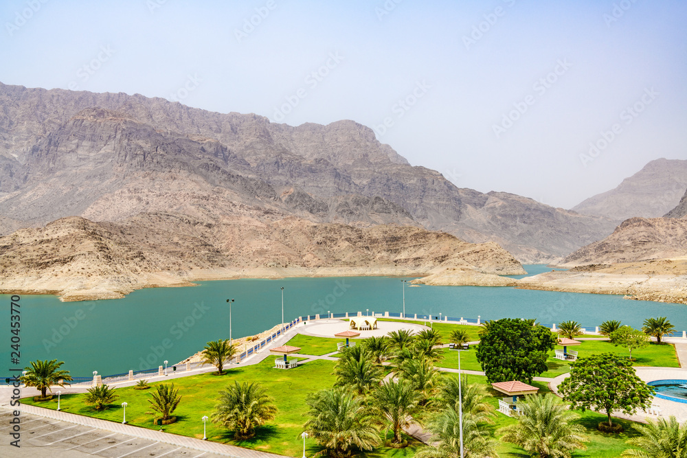 Naklejka premium Wadi Dayqah Dam in Qurayyat, Oman. It is located about 70 km southeast of the Omani capital Muscat.