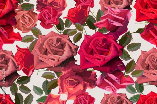 Romantic floral background with pink and red roses - seamless pattern