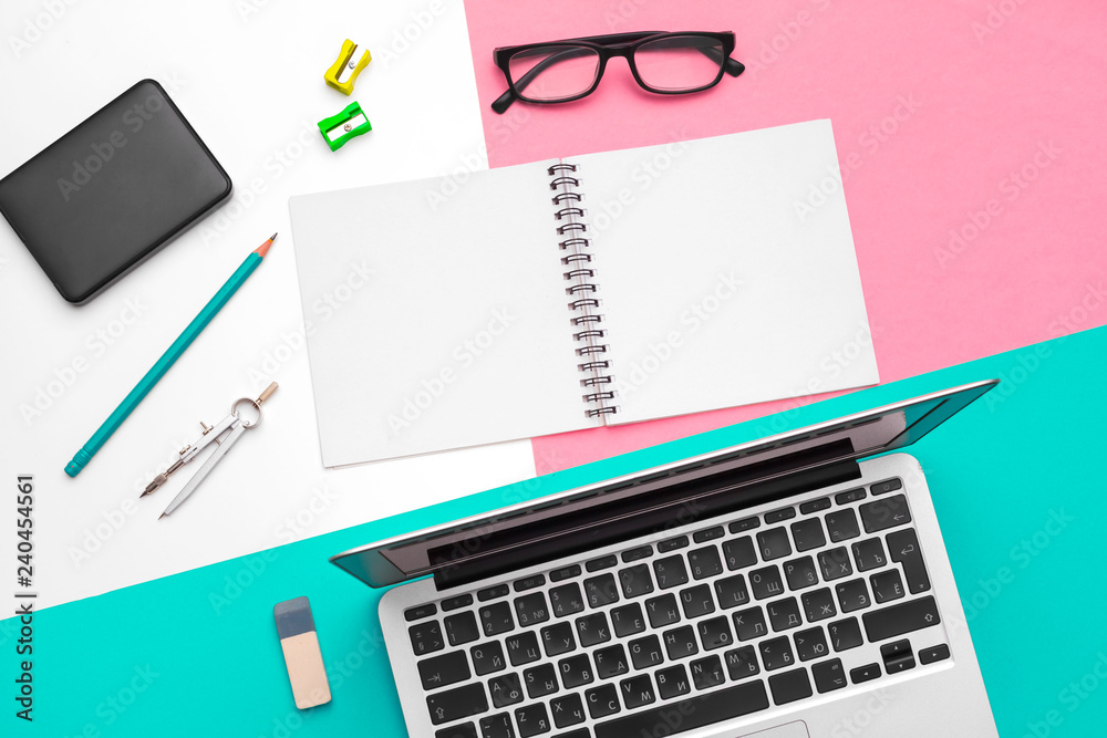 Set of office stationery and supplies, top view