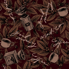 Handdoek met foto Koffie patronen Handgetekend koffiepatroon met kopjes  © Maria