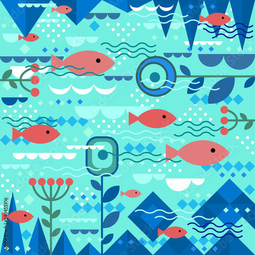 Underwater design with fishes and floral elements in modern flat geometric style. Colorful vector background  abstract shapes.
