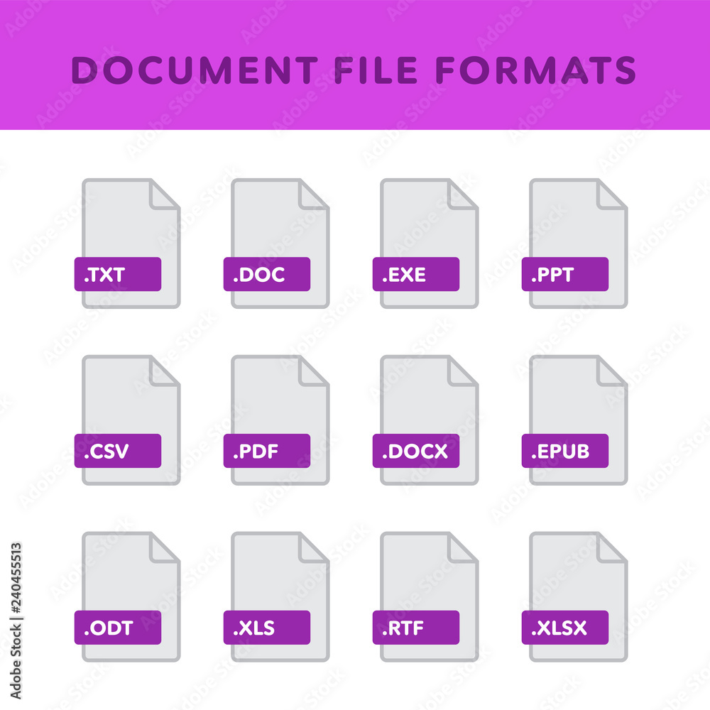 Set of Document File Formats and Labels in flat icons style. Vector illustration Set of Document File Formats and Labels in flat icons style. Vector illustration