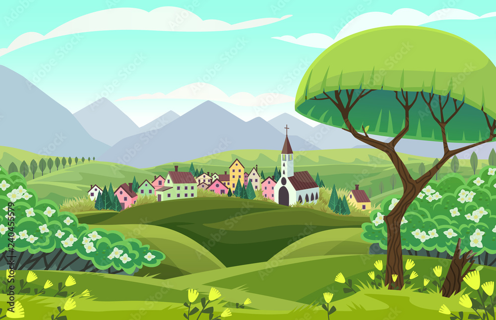Vector spring landscape. Sight of a village, mountains and fields in cartoon style.