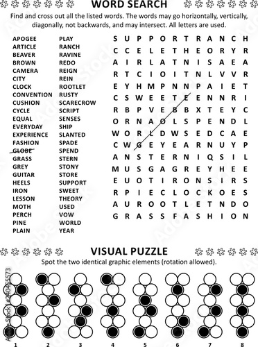 Puzzle page with two brain games: general knowledge non-themed word search puzzle (English language) and visual puzzle.  Black and white, A4 or Letter sized.
