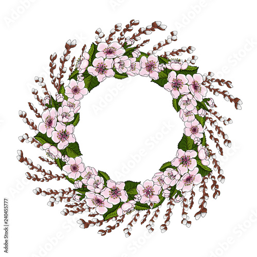 A wreath of pink cherry blossoms and bright green leaves along with young willow branches on a white background. Natural round frame for text. Symbol of spring and Easter.