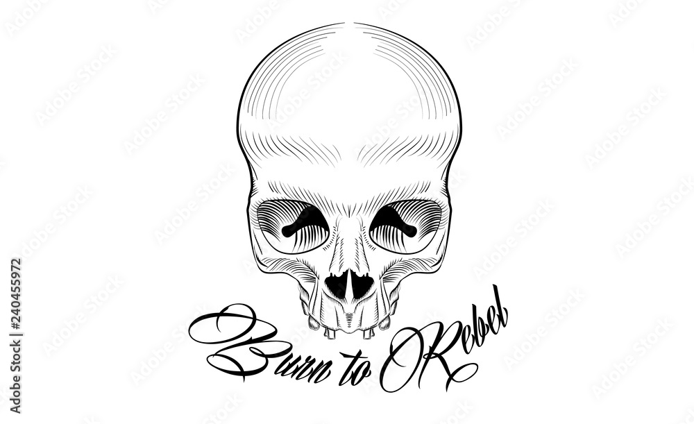 Black and white tattoo sketch design with skull and calligraphy text. Vector illustration. Black and white tattoo sketch design with skull and calligraphy text. Vector illustration.