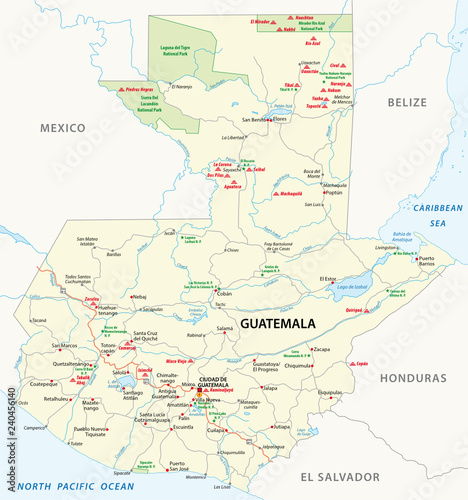 Vector road map of Guatemala with the main Mayan ruins and national parks
