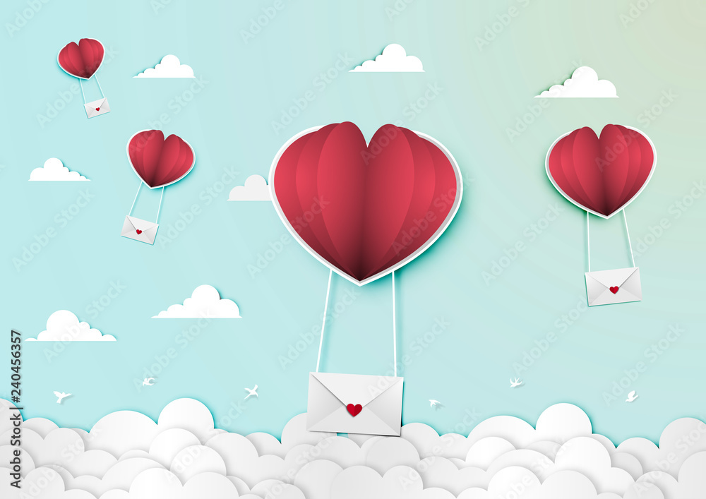 Paper art of valentine day festival with love letter and red paper balloon heart shape on blue sky background vector