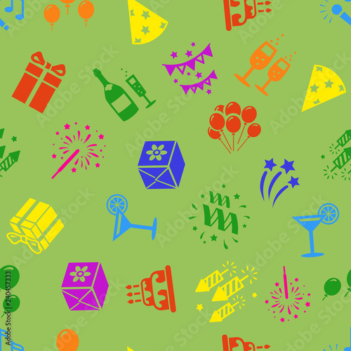 Birthday party seamless pattern, balloons, gifts, confetti, firework, cake, cocktail