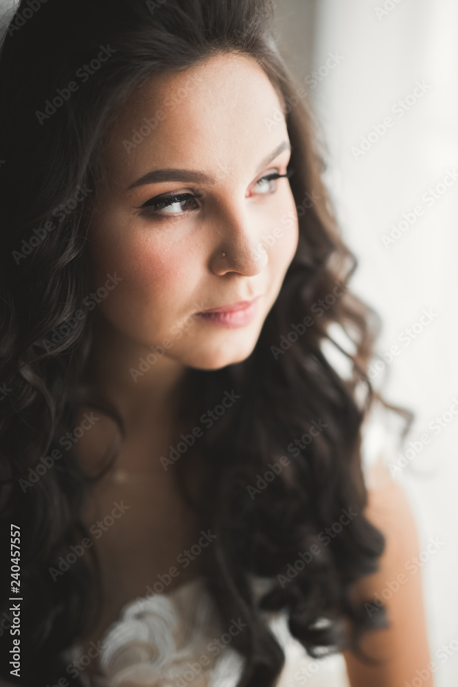 Beautiful bride wearing fashion wedding dress with feathers with luxury delight make-up and hairstyle, studio indoor photo shoot