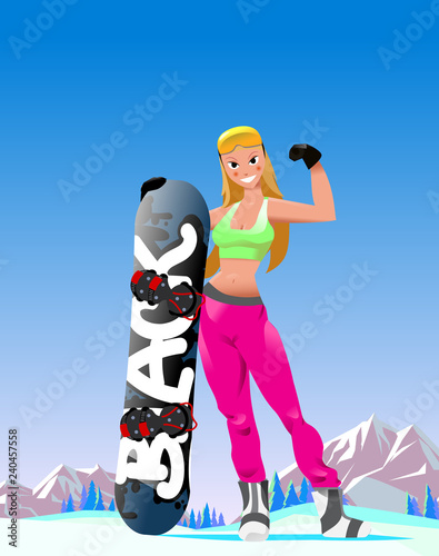 Sport blonde girl with a snowboard on mountain landscape background. Vector illustration.