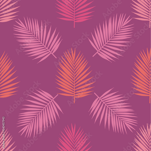 Living coral and purple tropical palm leaves seamless pattern. Vector illustration.