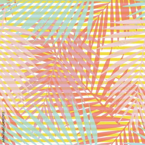 Living coral striped tropical palm leaves seamless pattern. Vector illustration.