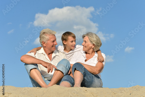 Portrait of boy with grandparents relaxing on sandy beach