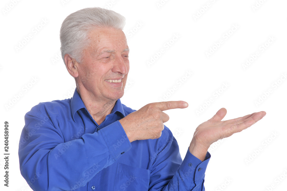 Portrait of happy senior man in shirt gestures Portrait of happy senior man in shirt gestures