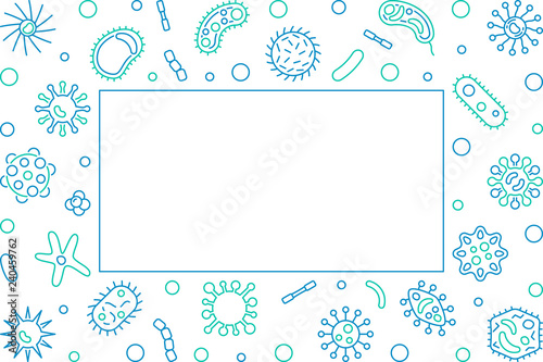 Virus blue horizontal frame or background. Vector concept illustration in thin line style on white background